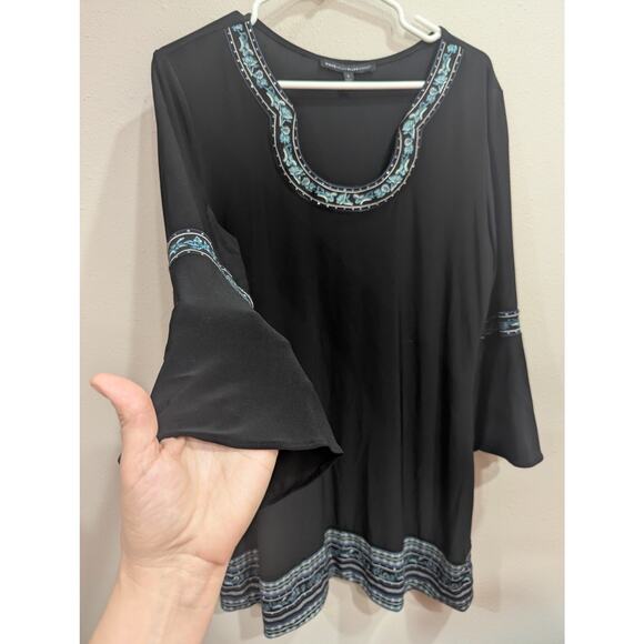 Black tunic style peasant top w/bell sleeves & teal ribbon trim size Large - Picture 4 of 11